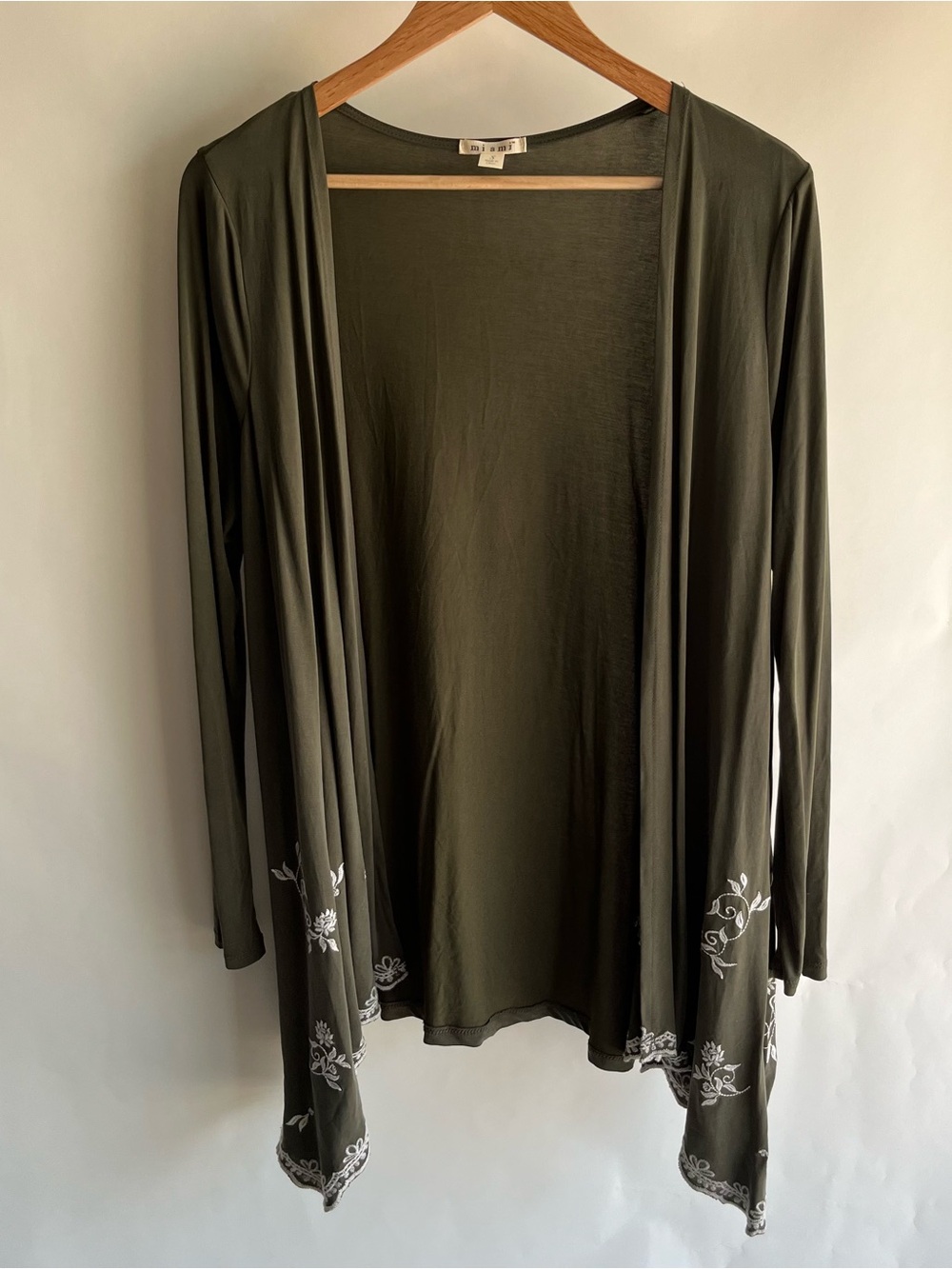 Miami Embroidered Duster Shirt Long Sleeve Green White Sz Sm EUC